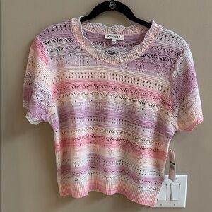 Nanette Lepore Pink Pastel Striped Short Sleeve Lightweight Sweater Large NWT